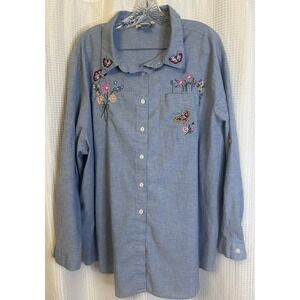 VTG 90s Y2K Grandmacore Butterflies & Floral Long Sleeve Button Up Shirt Size 28